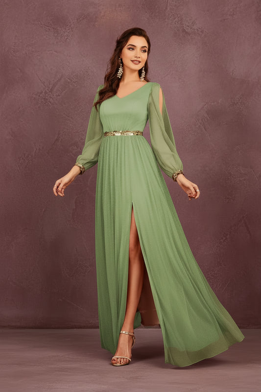 V-Neck Appliqué Slit Evening Gown