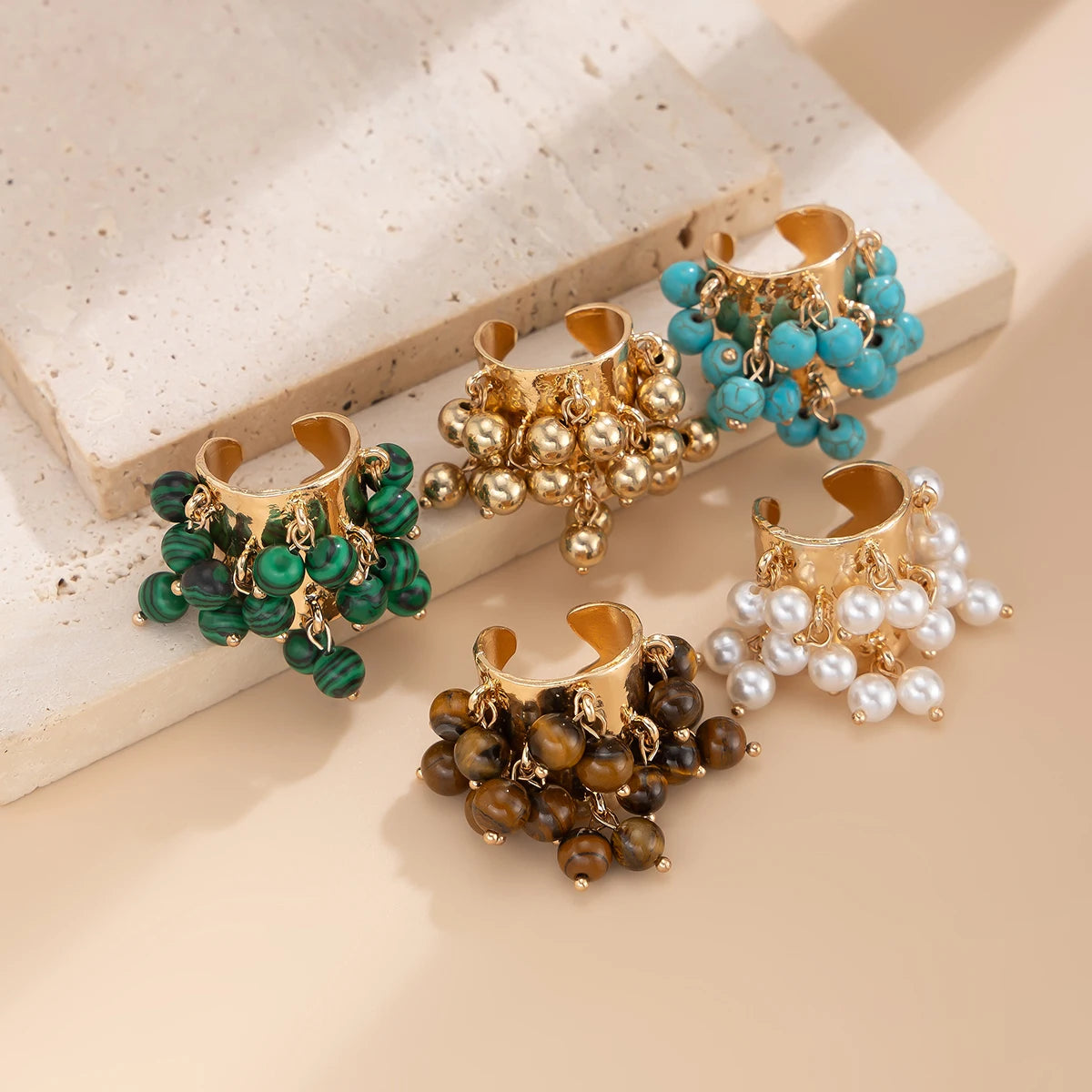 KunJoe Vintage Colourful Natural Stone Beads Open Ring Women Bohemian Imitation Pearl Chunky Wide Finger Rings Party Accessories