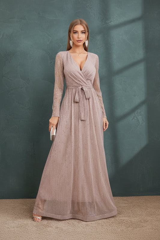 Glitter Mesh Long Sleeve Evening Dress