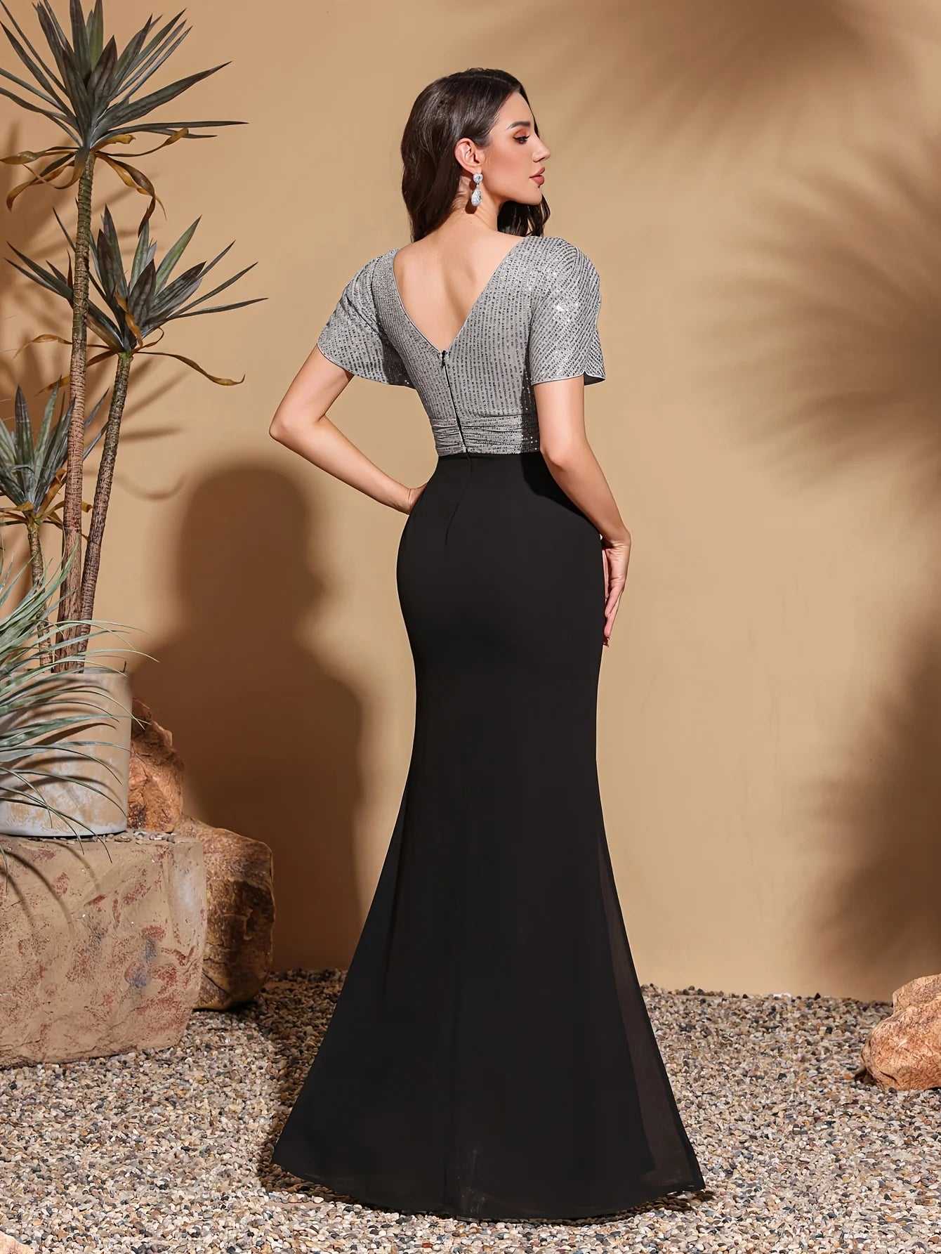 Sequined Cross Neck Chiffon Hip Slit Elegant Dress