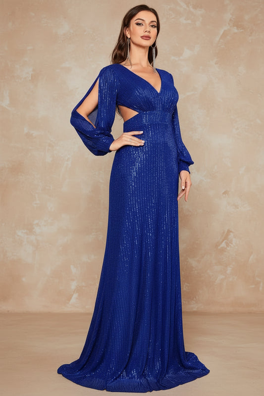 Elegant Long Sleeve Sequins Bue Evening Dress