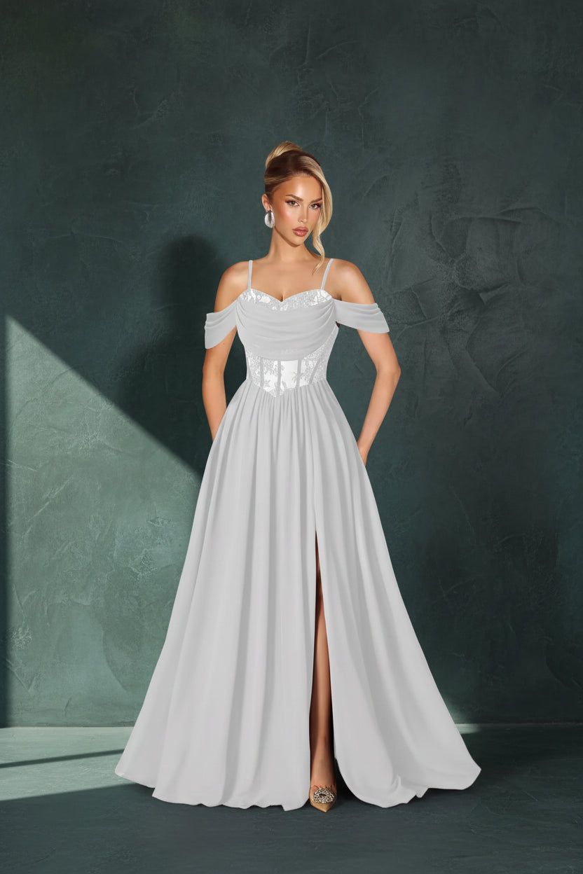 Off Shoulder Lace Applique Prom Dress