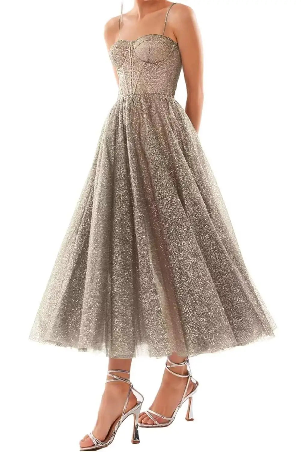 A Line Glitter Tea Length Formal Evening Cocktail Party Dresses for Women, Sequined Spaghetti Midi Corset Prom Gowns Cocktail
