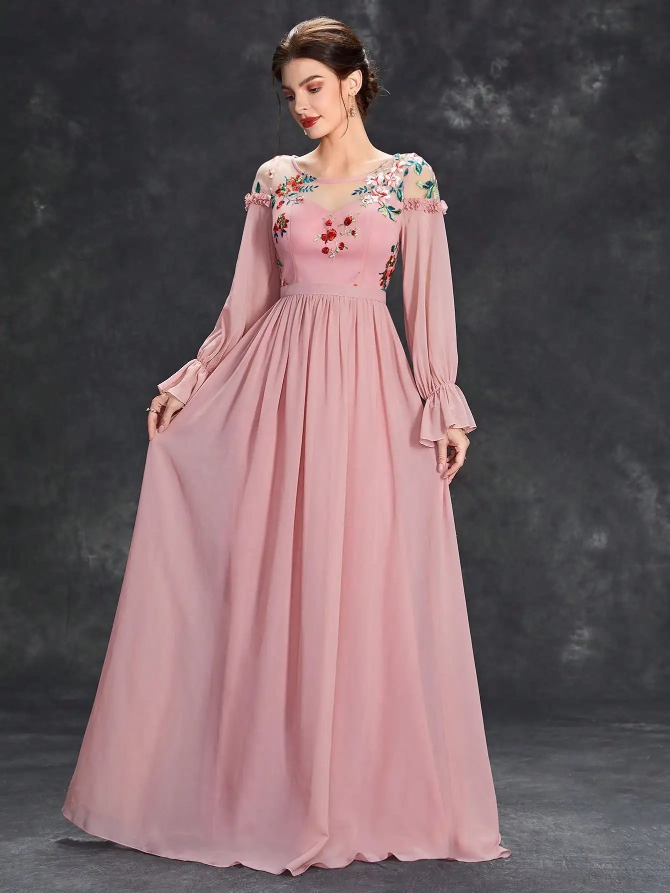 Embroidered Long Sleeve Chiffon Dress