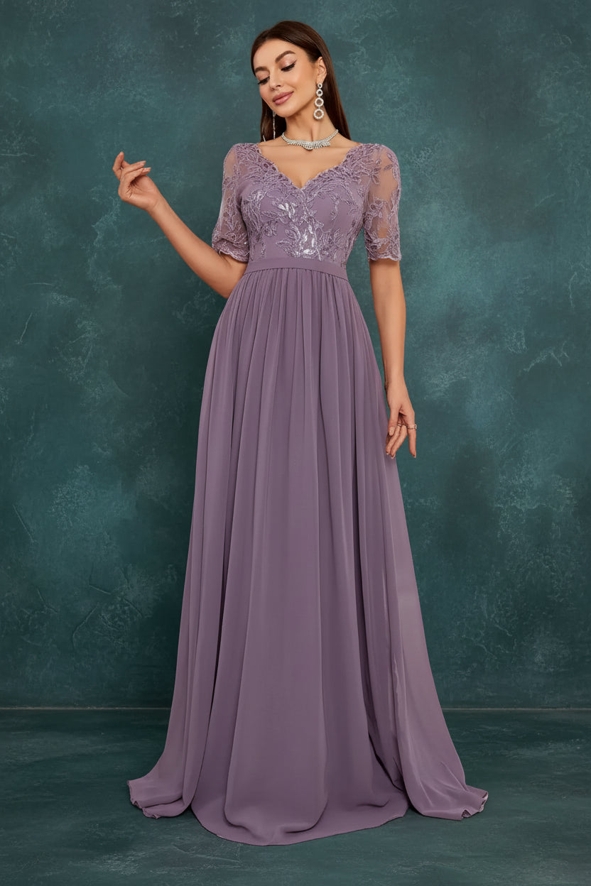 V-Neck Lace Chiffon Evening Dress