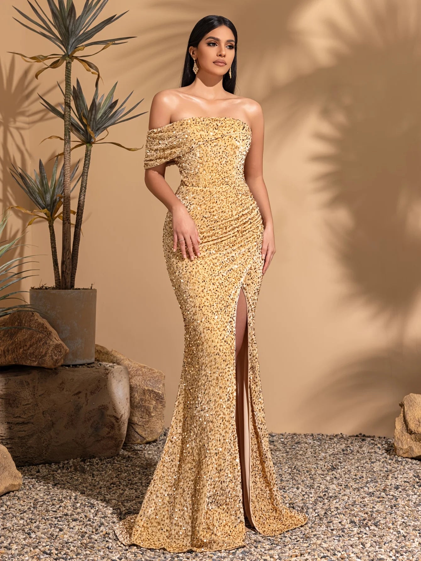 Off-the-shoulder asymmetrical sleeves slit sequined dress