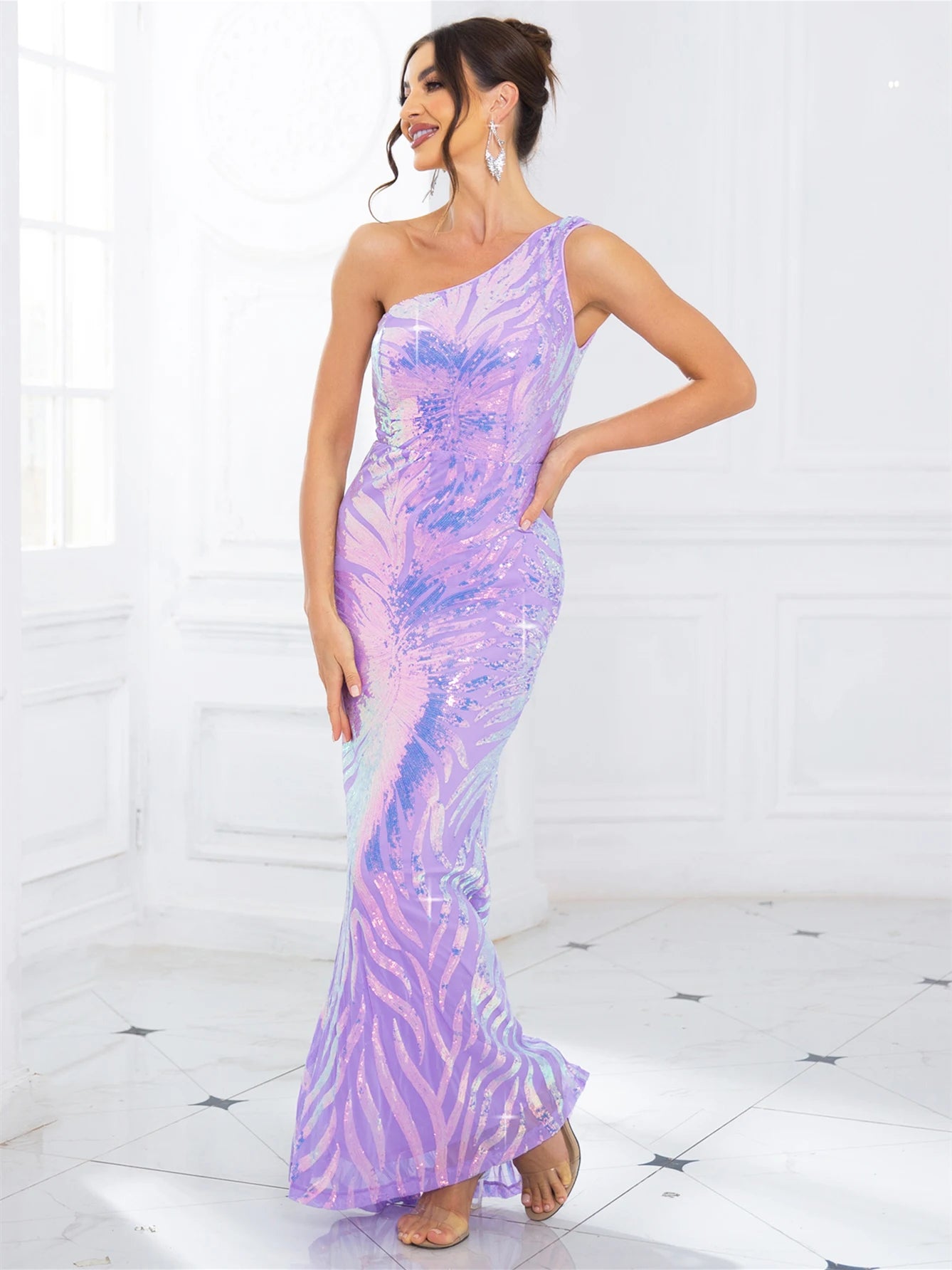 One Shoulder Sequin Maxi Evening Dress