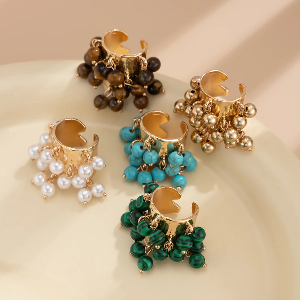 Salircon Trendy Imitation Pearl Stone CCB Small Ball Ring Women's Man 2024 Vintage Street Punk Hip Hop Ring Female Jewelry
