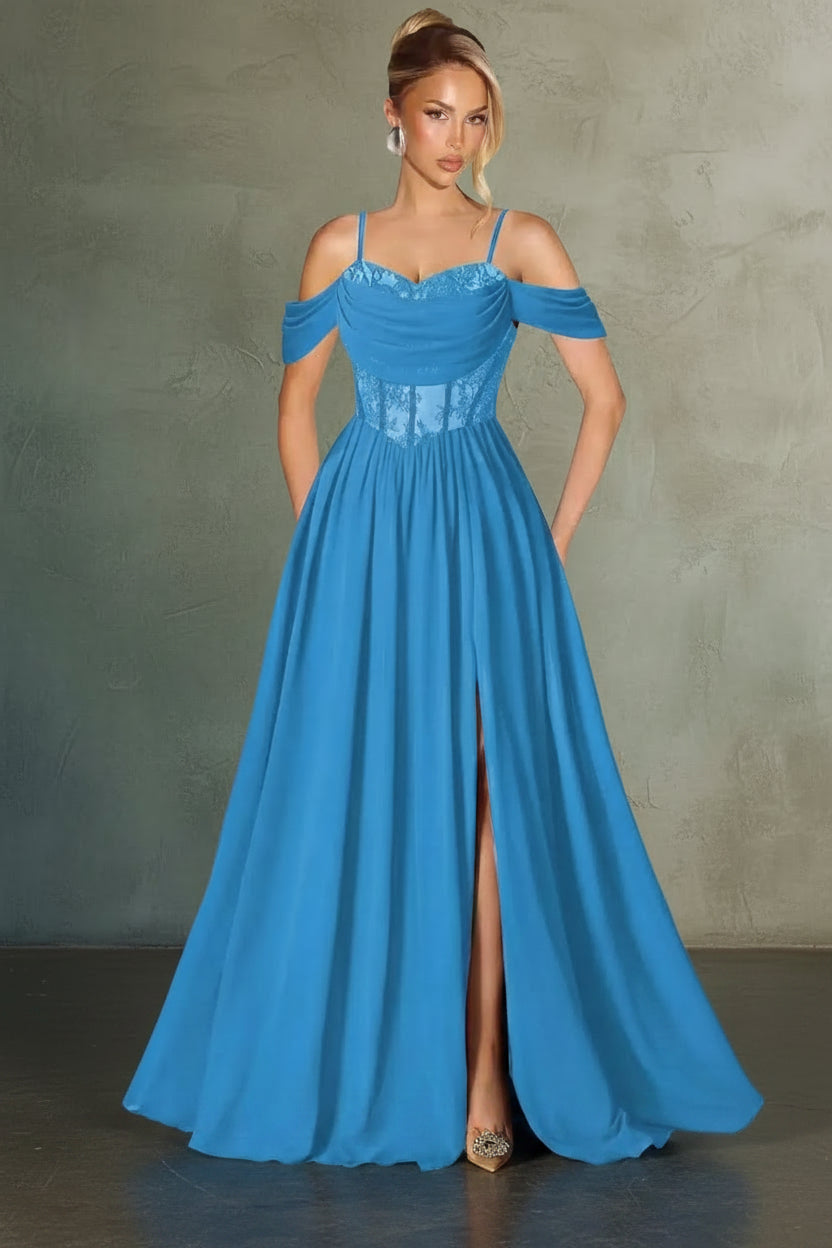 Off Shoulder Lace Applique Prom Dress