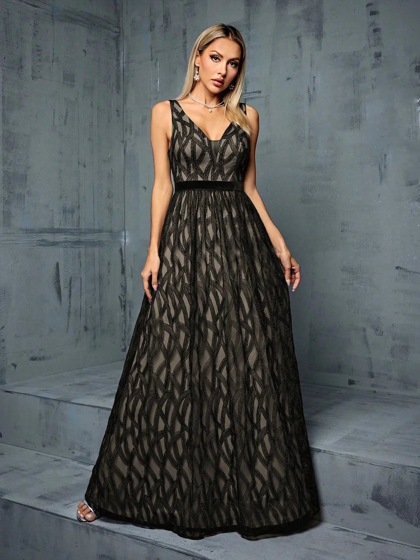 V-Neck Embroidered Lace Maxi Dress
