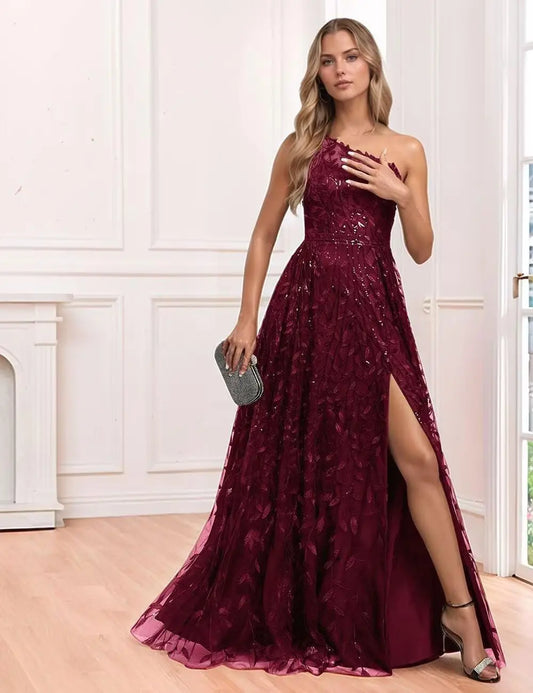One Shoulder Lace Prom Dress with Slit