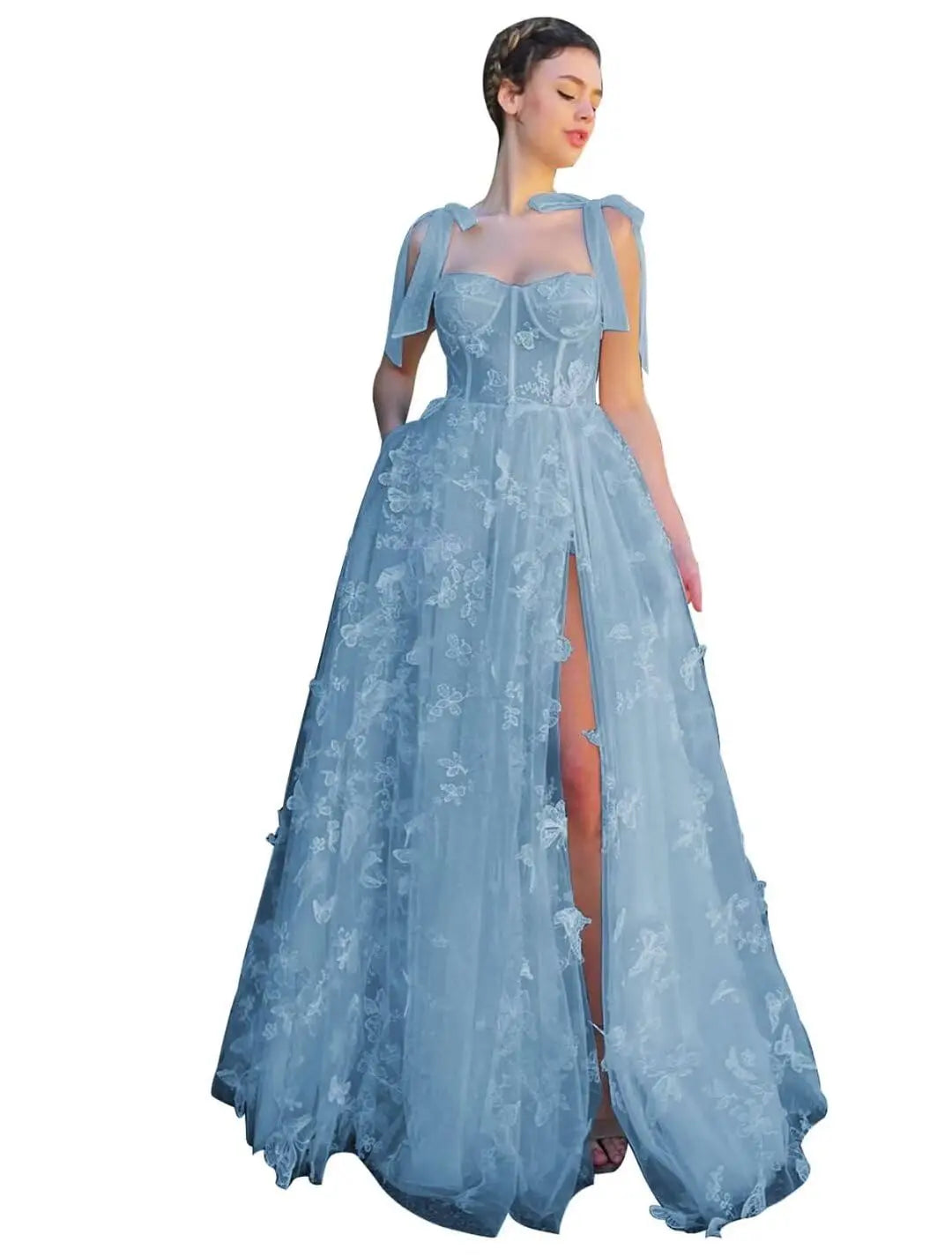 3D Butterfly Tulle Corset Prom Dresses for Teens Formal Fairy Ball Gowns Spaghetti Straps Evening Gown with Slit Party Dresses