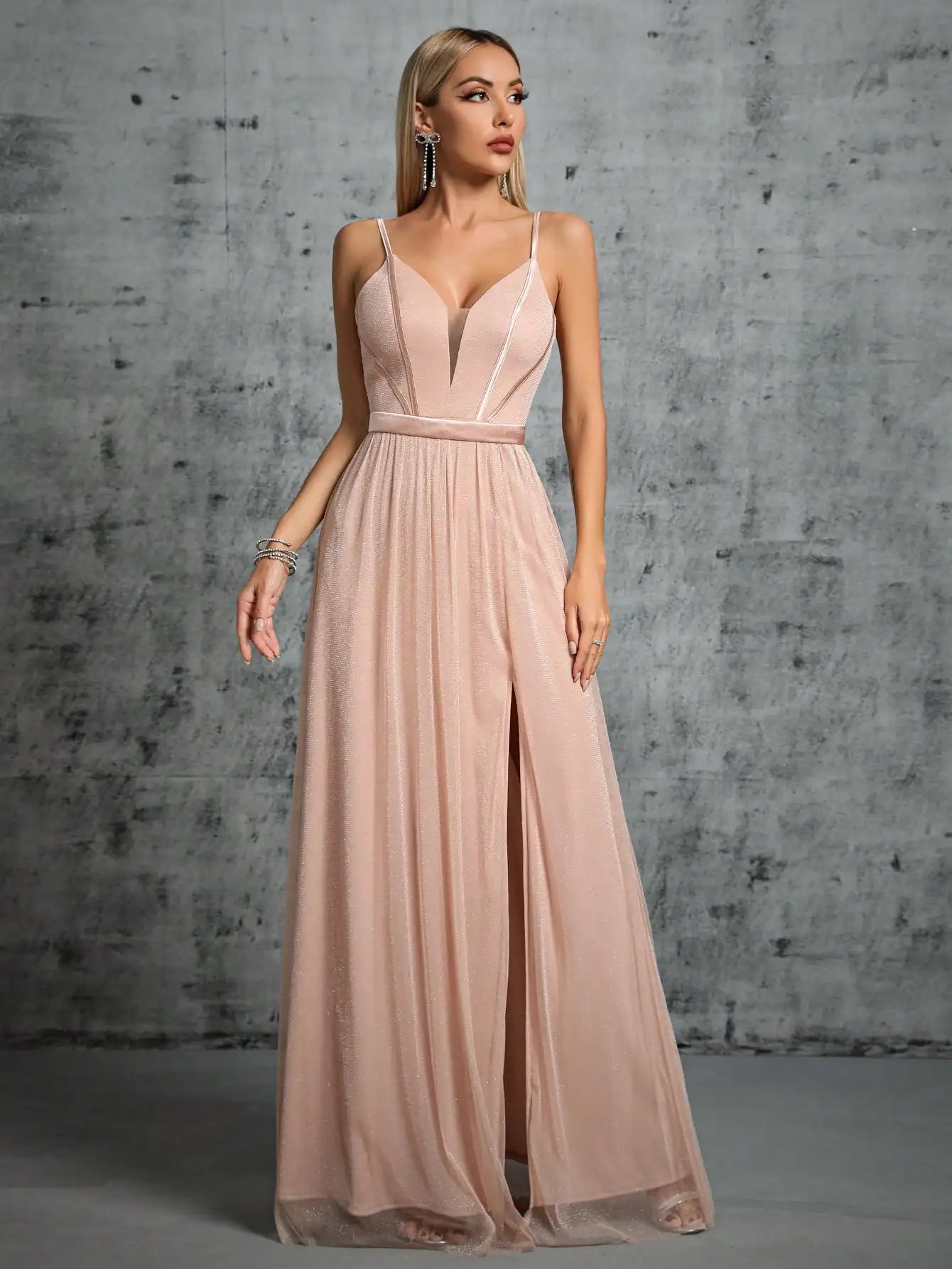 Deep V Mesh Slit Maxi Dress