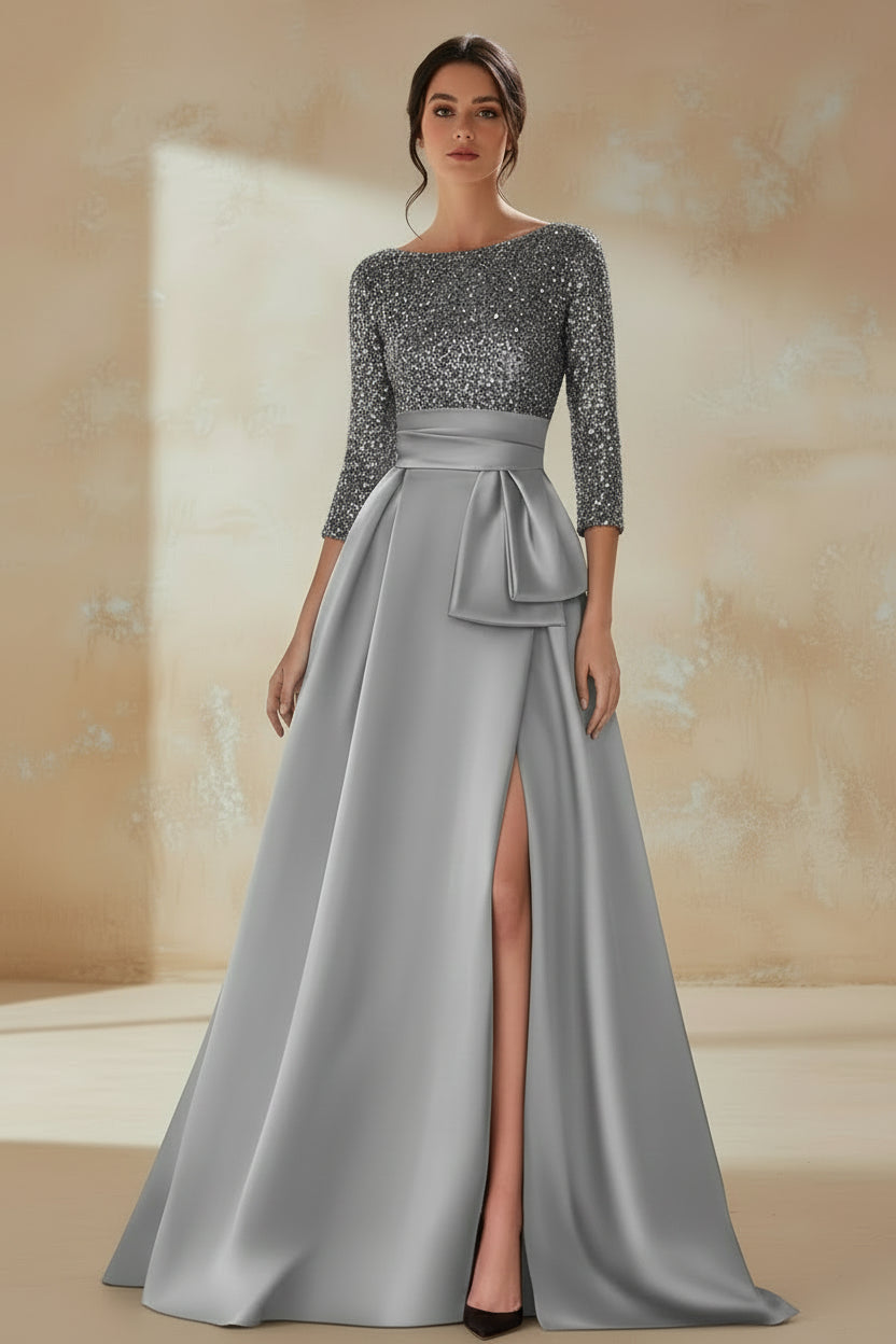 Long Sleeves Mother Of The Bride Dresses For Wedding Sparkly Sequin Ball Gowns Side Slit Satin Formal Party Prom Gown