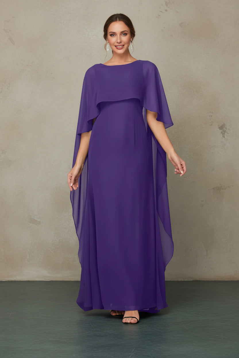 Women's Formal Dress Short Sleeves Scoop Neck Evening Dress Floor Length Chiffon Mother Of The Bride Dresses With Cap