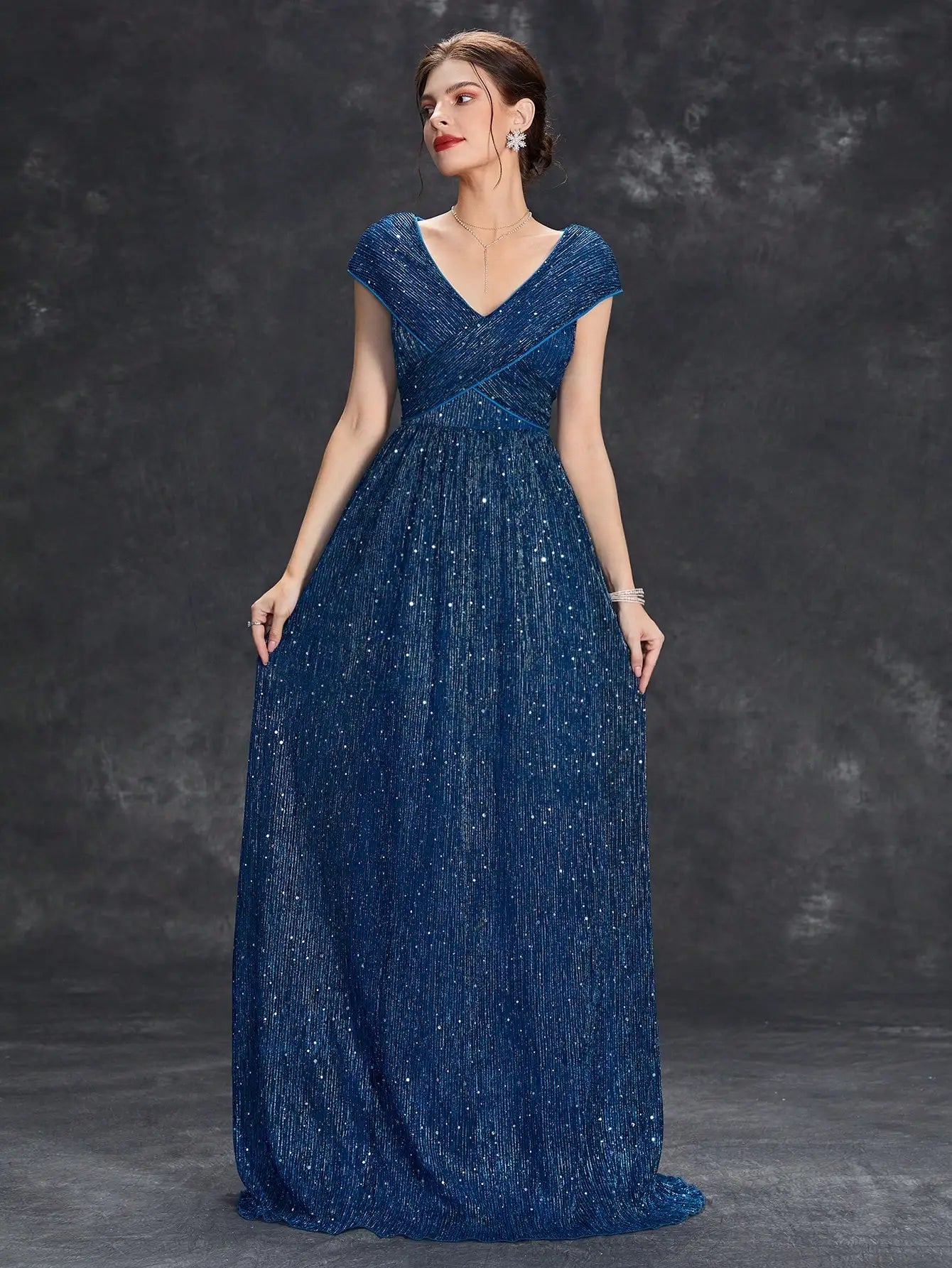 V-Neck Mesh Sleeve Ball Gown