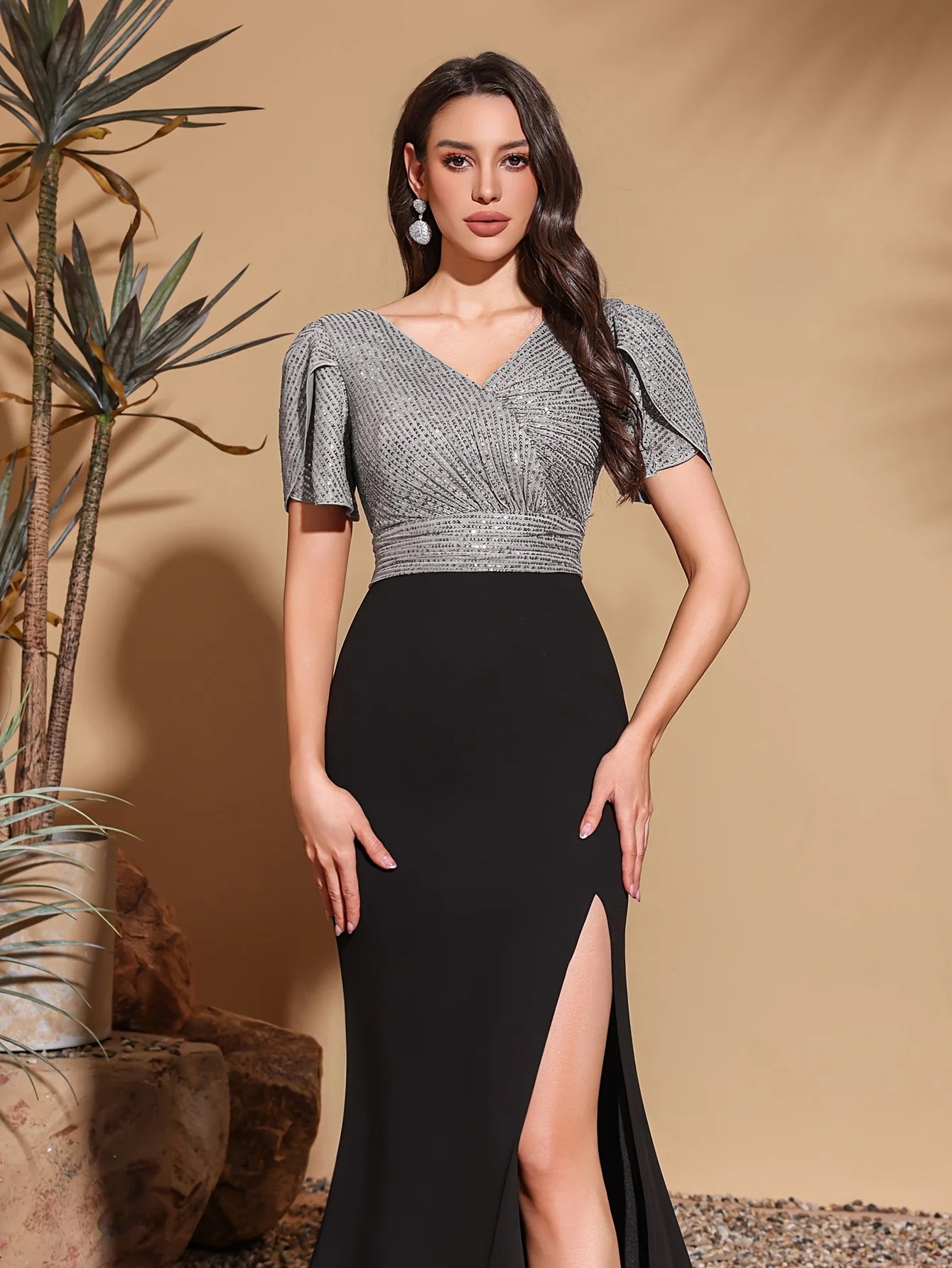 Sequined Cross Neck Chiffon Hip Slit Elegant Dress
