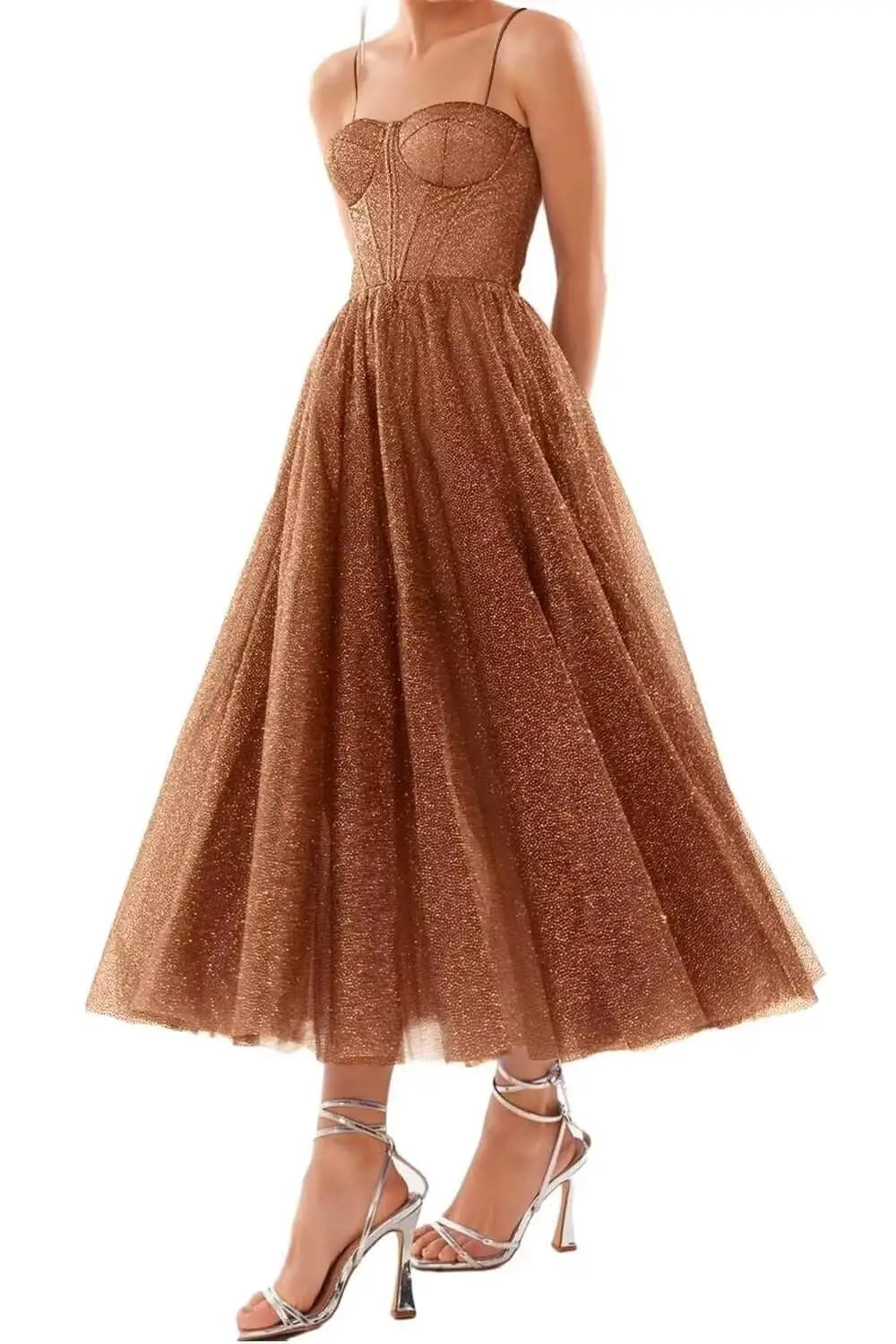 A Line Glitter Tea Length Formal Evening Cocktail Party Dresses for Women, Sequined Spaghetti Midi Corset Prom Gowns Cocktail