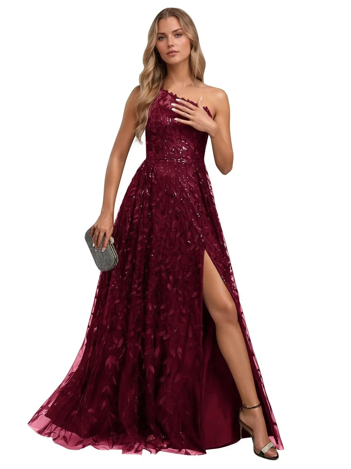 One Shoulder Lace Prom Dress with Slit