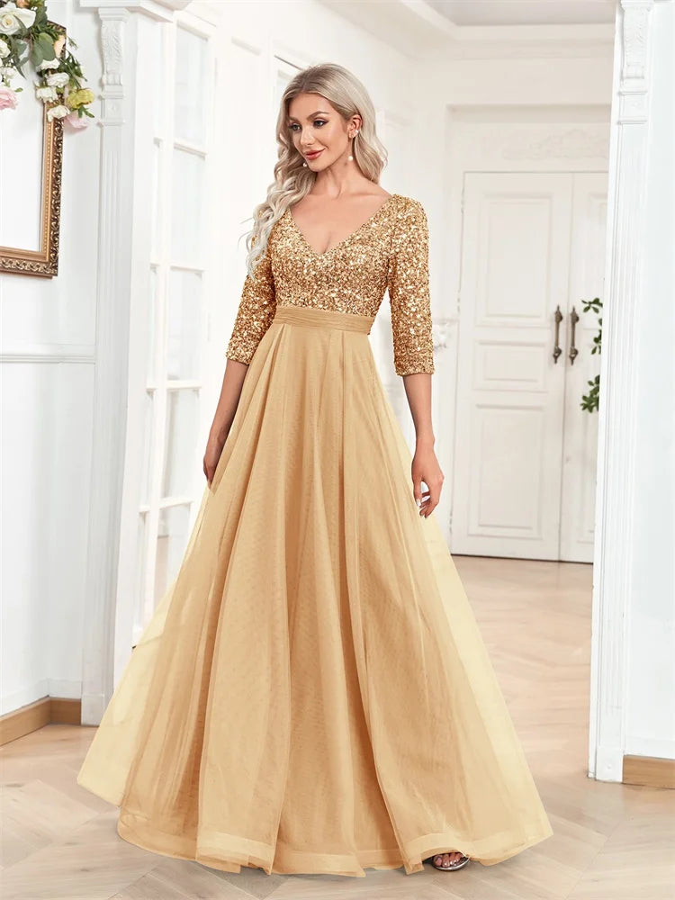 Gold Tulle V-Neck Evening Gown