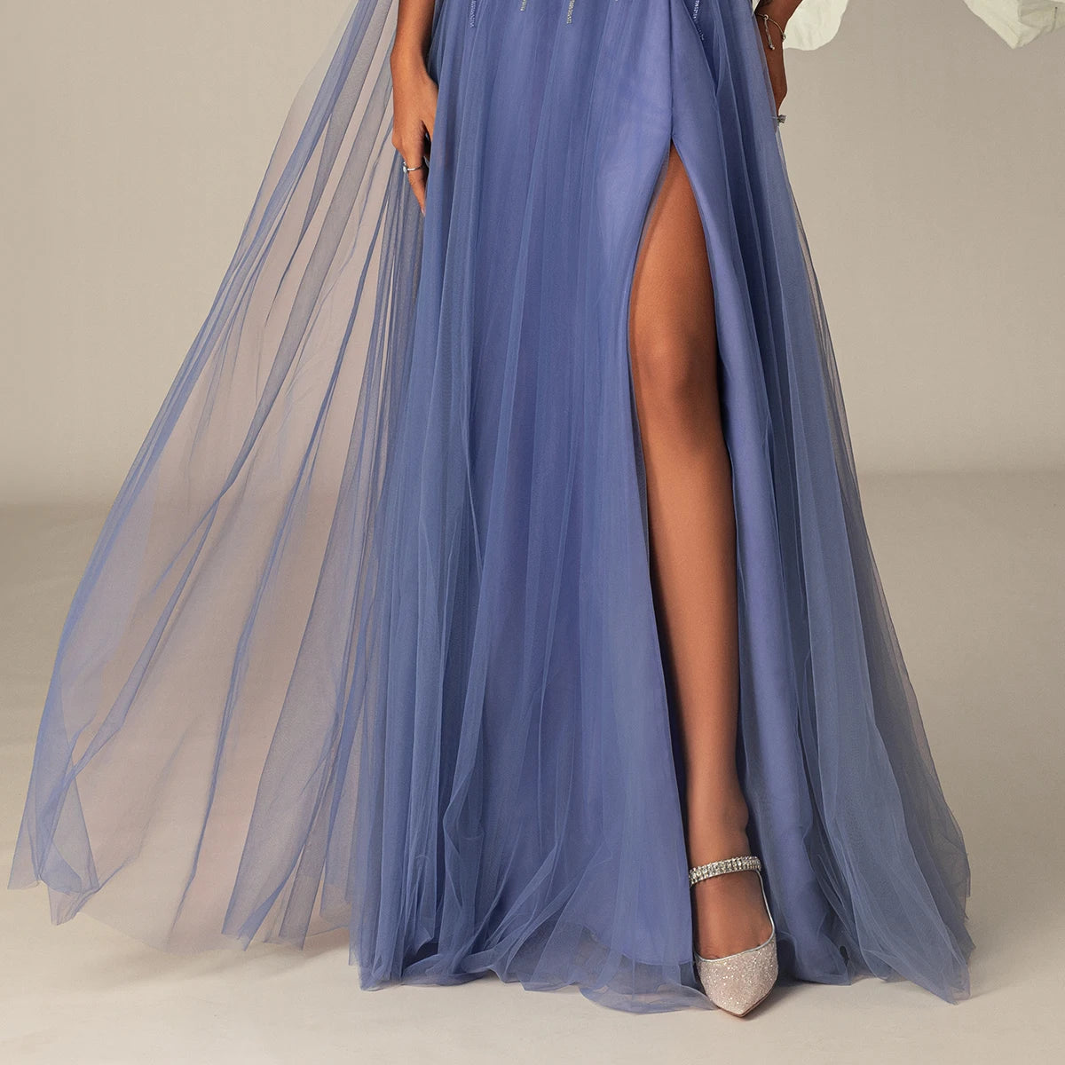Off Shoulder Beaded Tulle Evening Gown