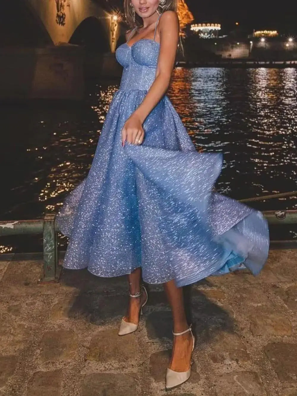 A Line Glitter Tea Length Formal Evening Cocktail Party Dresses for Women, Sequined Spaghetti Midi Corset Prom Gowns Cocktail