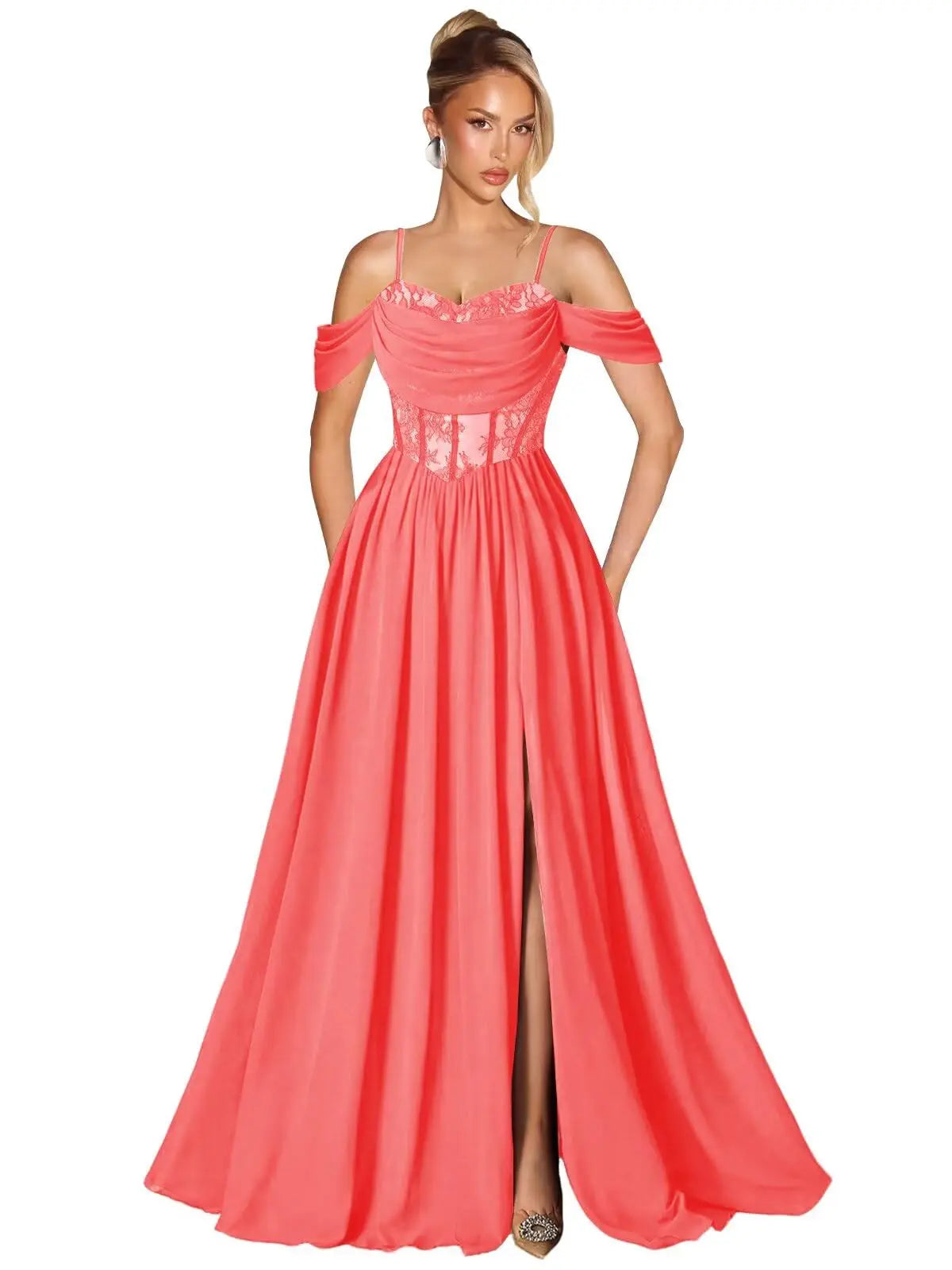 Off Shoulder Lace Applique Prom Dress