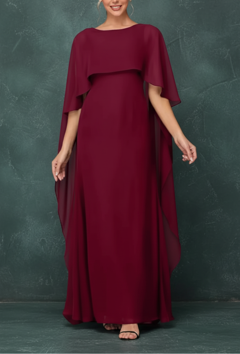Women's Formal Dress Short Sleeves Scoop Neck Evening Dress Floor Length Chiffon Mother Of The Bride Dresses With Cap