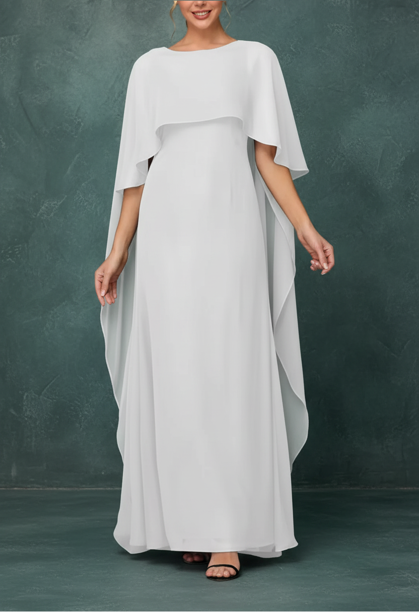 Women's Formal Dress Short Sleeves Scoop Neck Evening Dress Floor Length Chiffon Mother Of The Bride Dresses With Cap