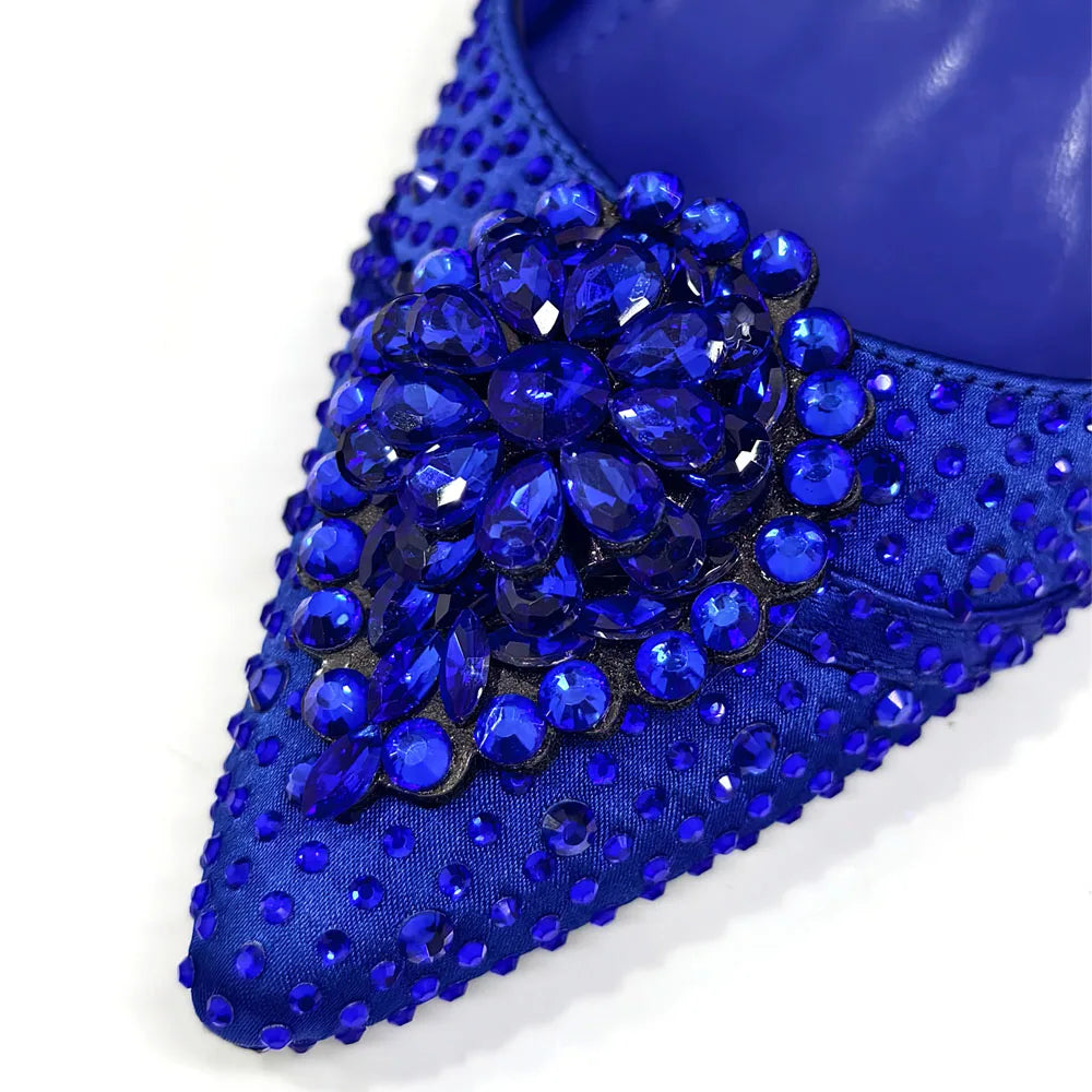 Venus Chan Blue Color Rhinestone Comfortable high heel shoe And Bag Fashion Style Pointed-Toe Shoes For Women Or Commuting Shoes