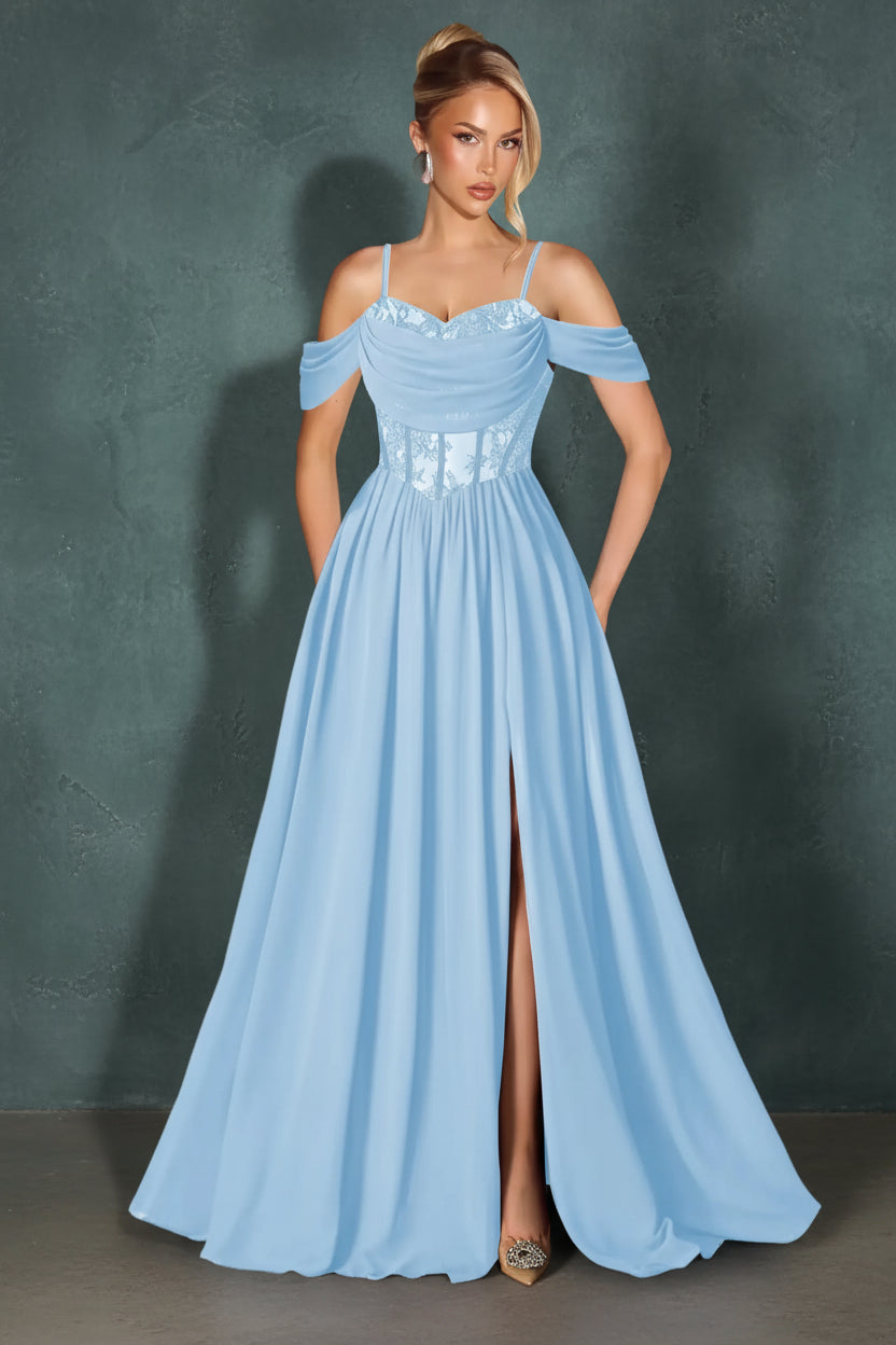 Off Shoulder Lace Applique Prom Dress