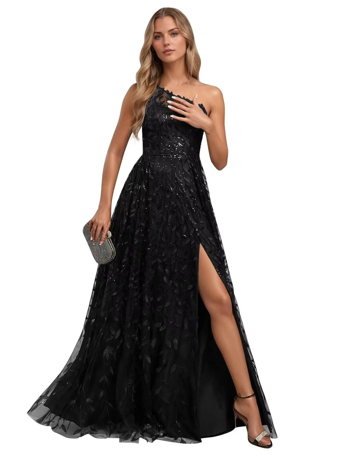 One Shoulder Lace Prom Dress with Slit