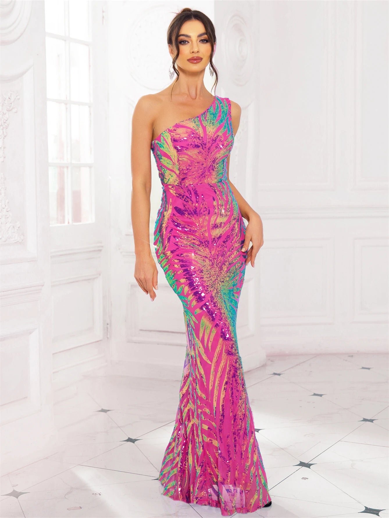 One Shoulder Sequin Maxi Evening Dress