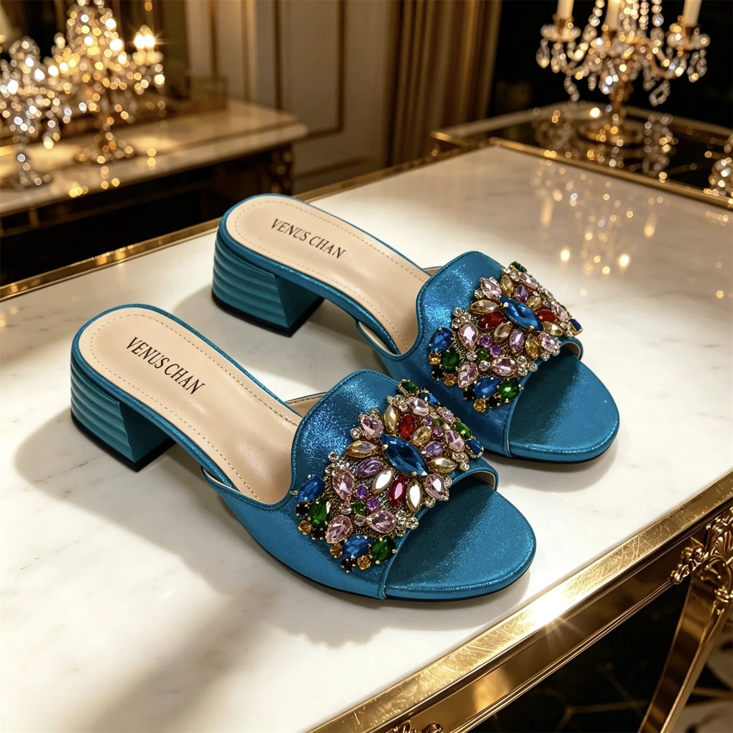 2026 Sky Blue Metallic Rhinestone Mules with Matching Crossbody Bag - Women's Block Heel Sandals for Wedding and Evening Parties