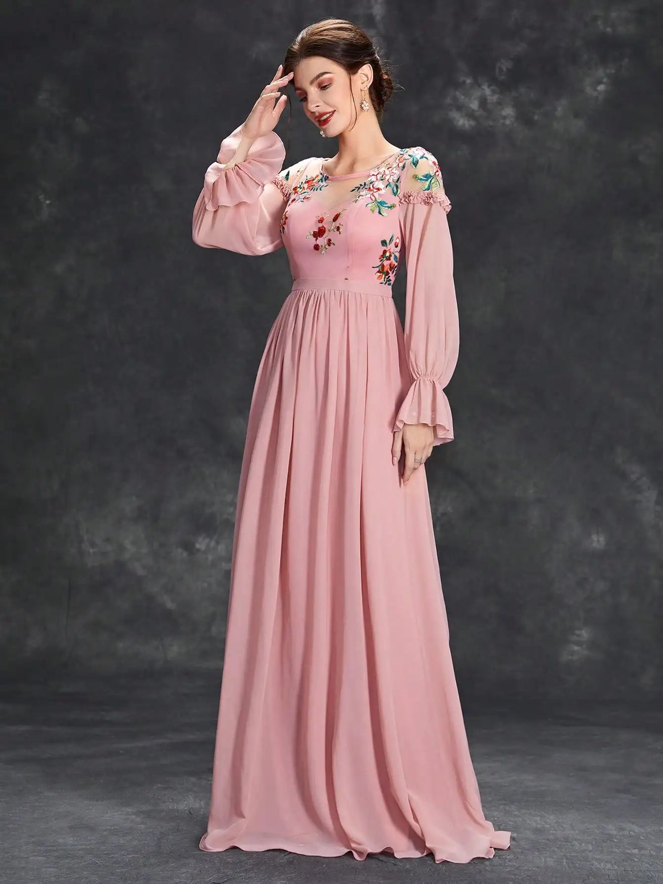 Embroidered Long Sleeve Chiffon Dress