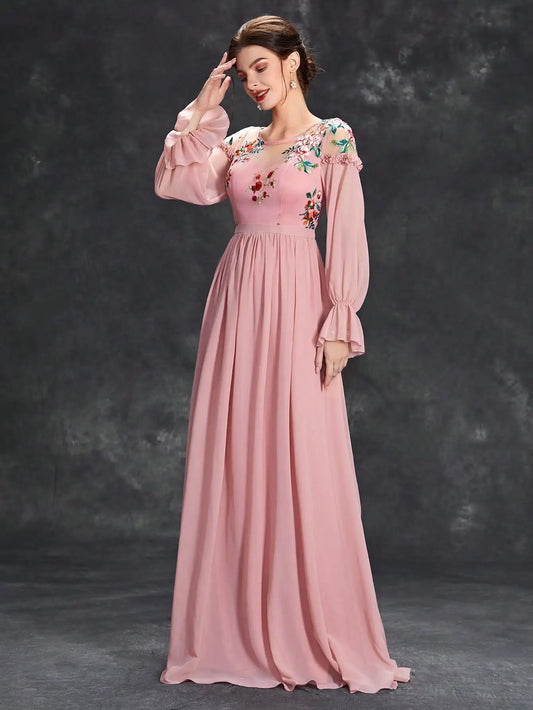 Embroidered Long Sleeve Chiffon Dress