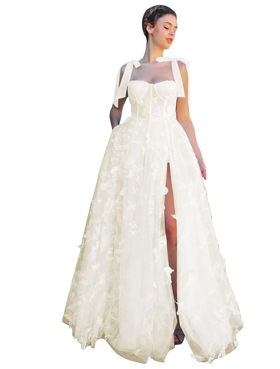 3D Butterfly Tulle Corset Prom Dresses for Teens Formal Fairy Ball Gowns Spaghetti Straps Evening Gown with Slit Party Dresses