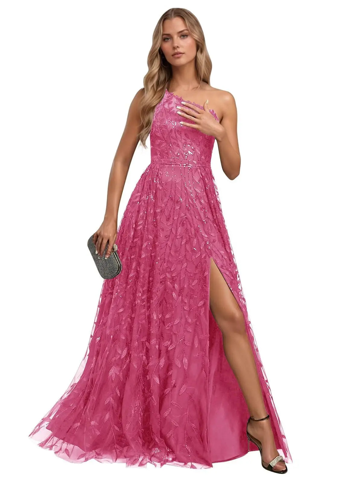 One Shoulder Lace Prom Dress with Slit