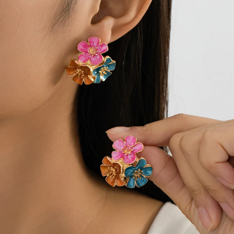 Vintage Red Drip Oil Flower Long Tassel Pendant Earrings