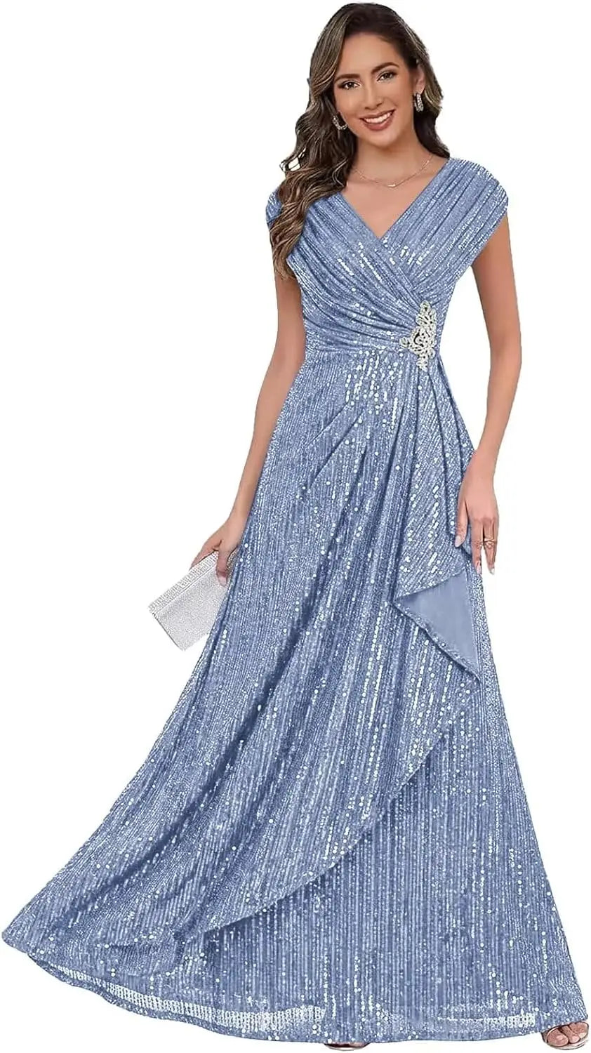 Sparkly Sequin A Line Mother of The Bride Dresses for Women Ruffles Long Formal Dress V Neck Evening Party Gown Dress
