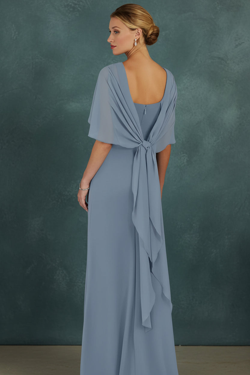 Women's Formal Dress Short Sleeves Scoop Neck Evening Dress Floor Length Chiffon Mother Of The Bride Dresses With Cap