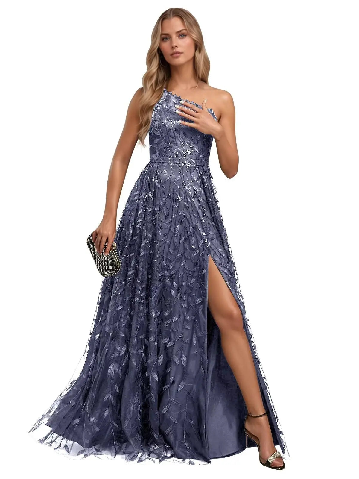 One Shoulder Lace Prom Dress with Slit