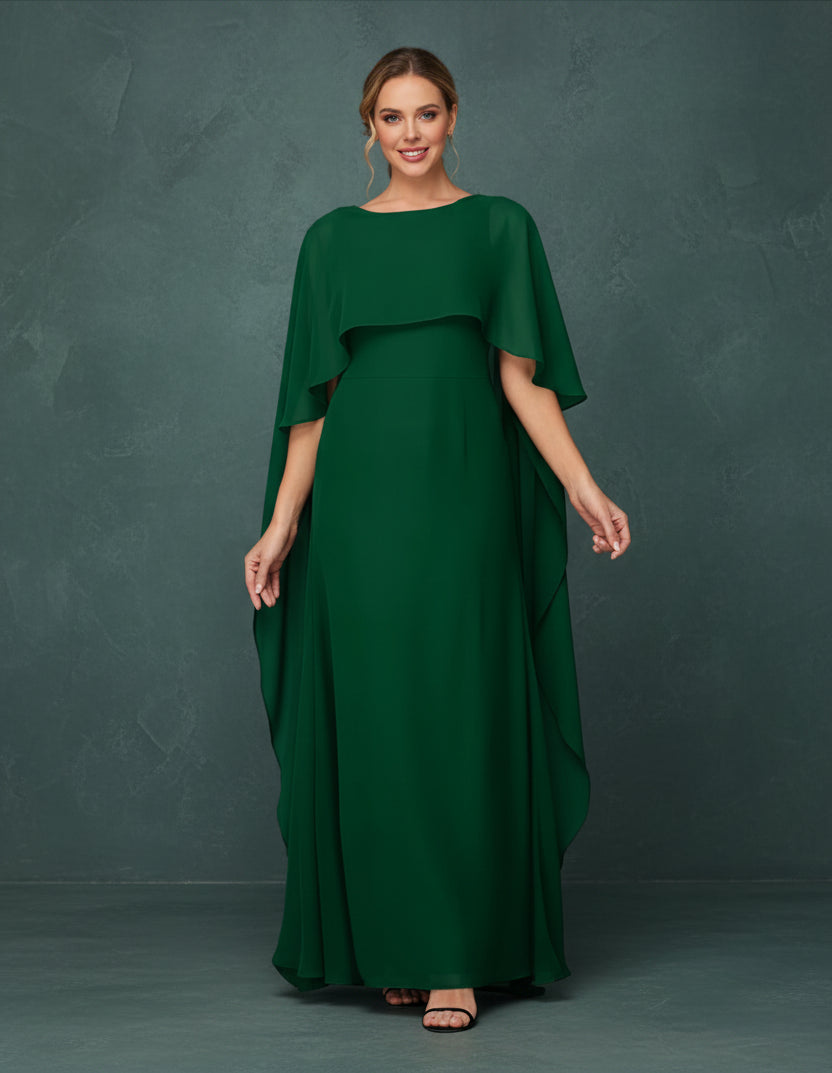 Women's Formal Dress Short Sleeves Scoop Neck Evening Dress Floor Length Chiffon Mother Of The Bride Dresses With Cap
