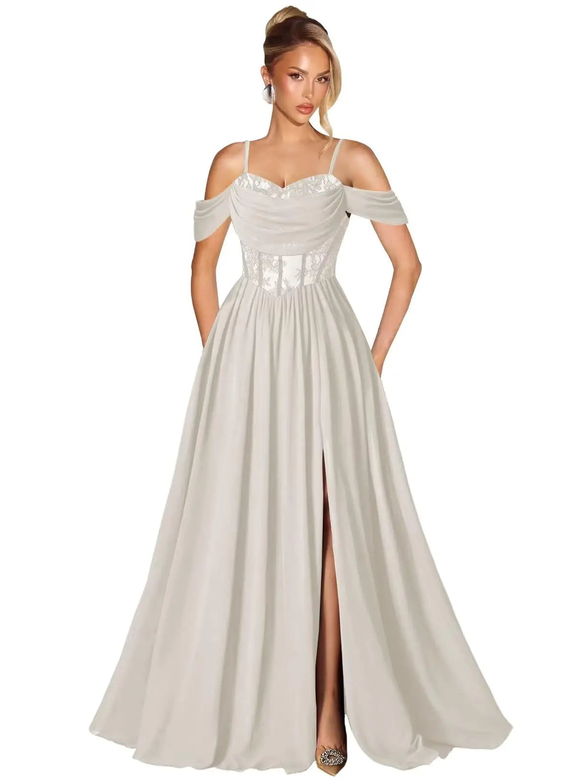 Off Shoulder Lace Applique Prom Dress