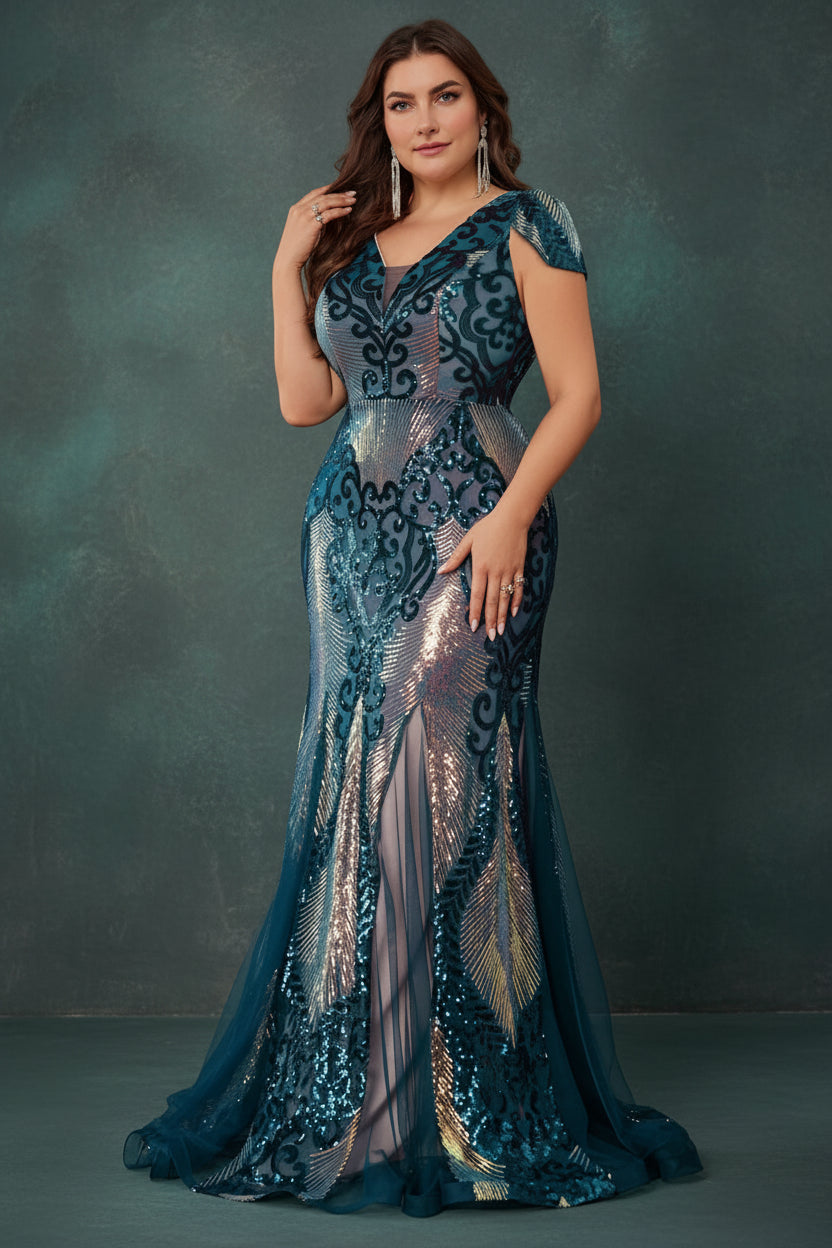 Plus Size Luxurious Short Sleeve Sequin Formal Evening Dress