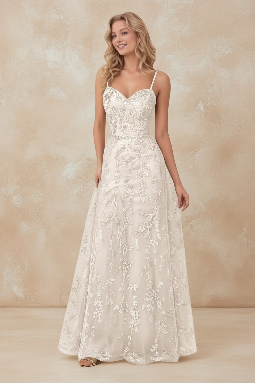 Tulle Formal Dress Laces Spaghetti Strap Sparkly Prom Dress