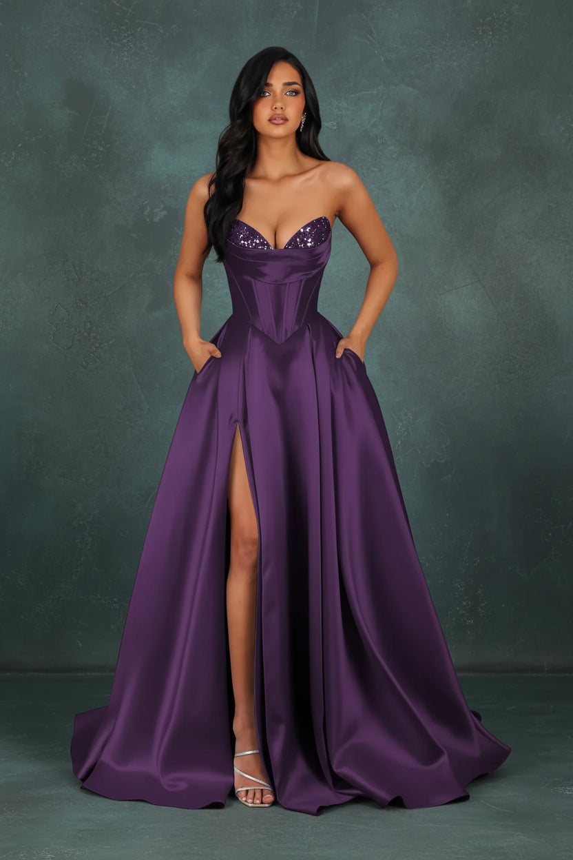 Strapless Sequin Prom Dresses Long with Slit Satin Formal Party Dress