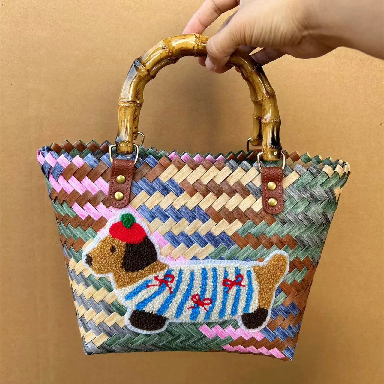 Retro Woven Dachshund Tote Beach Bag