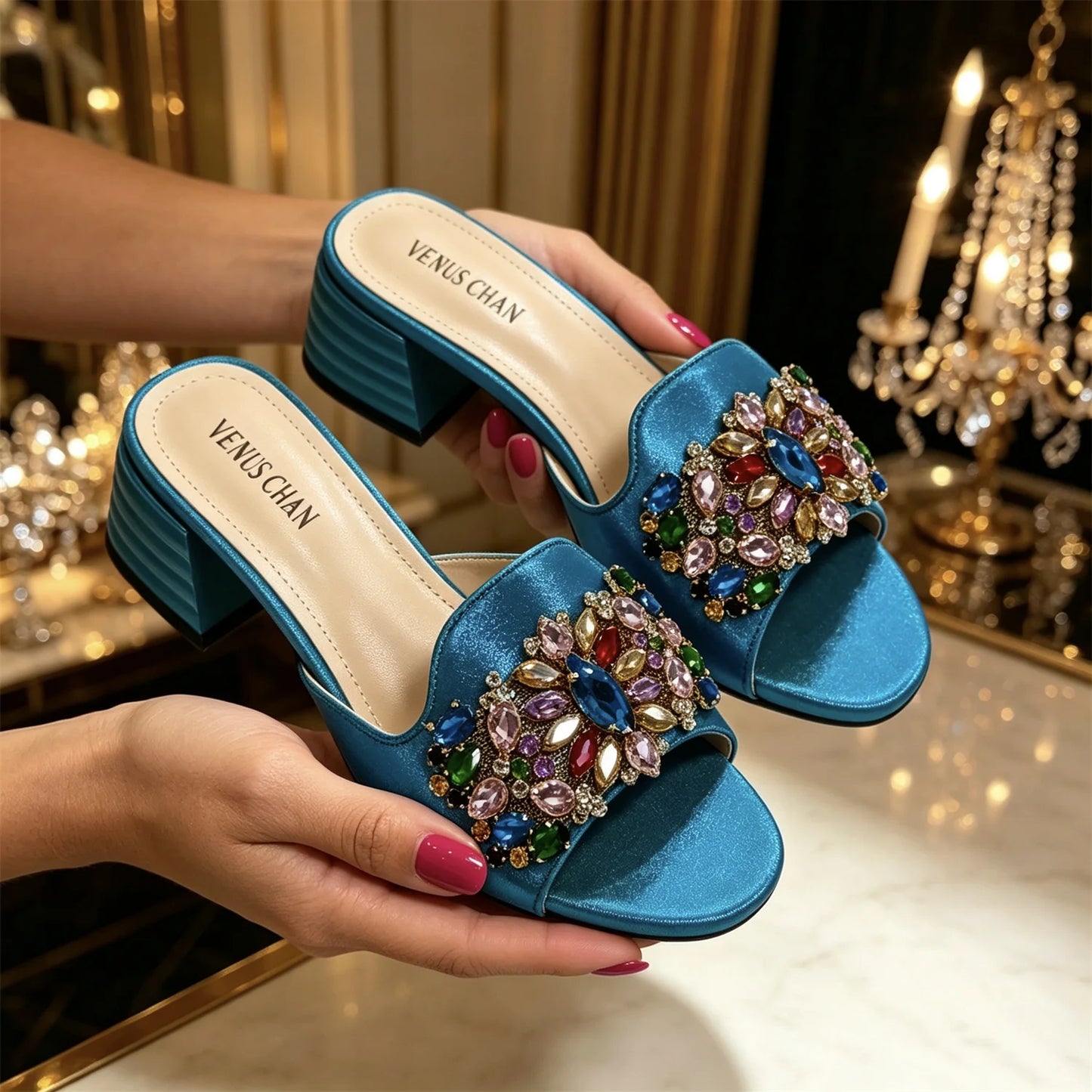 Elegant Women's Designer Mules - Multicolor Rhinestone Open Toe Sandals with Red Heels - Black Satin Slip-On for Weddings
