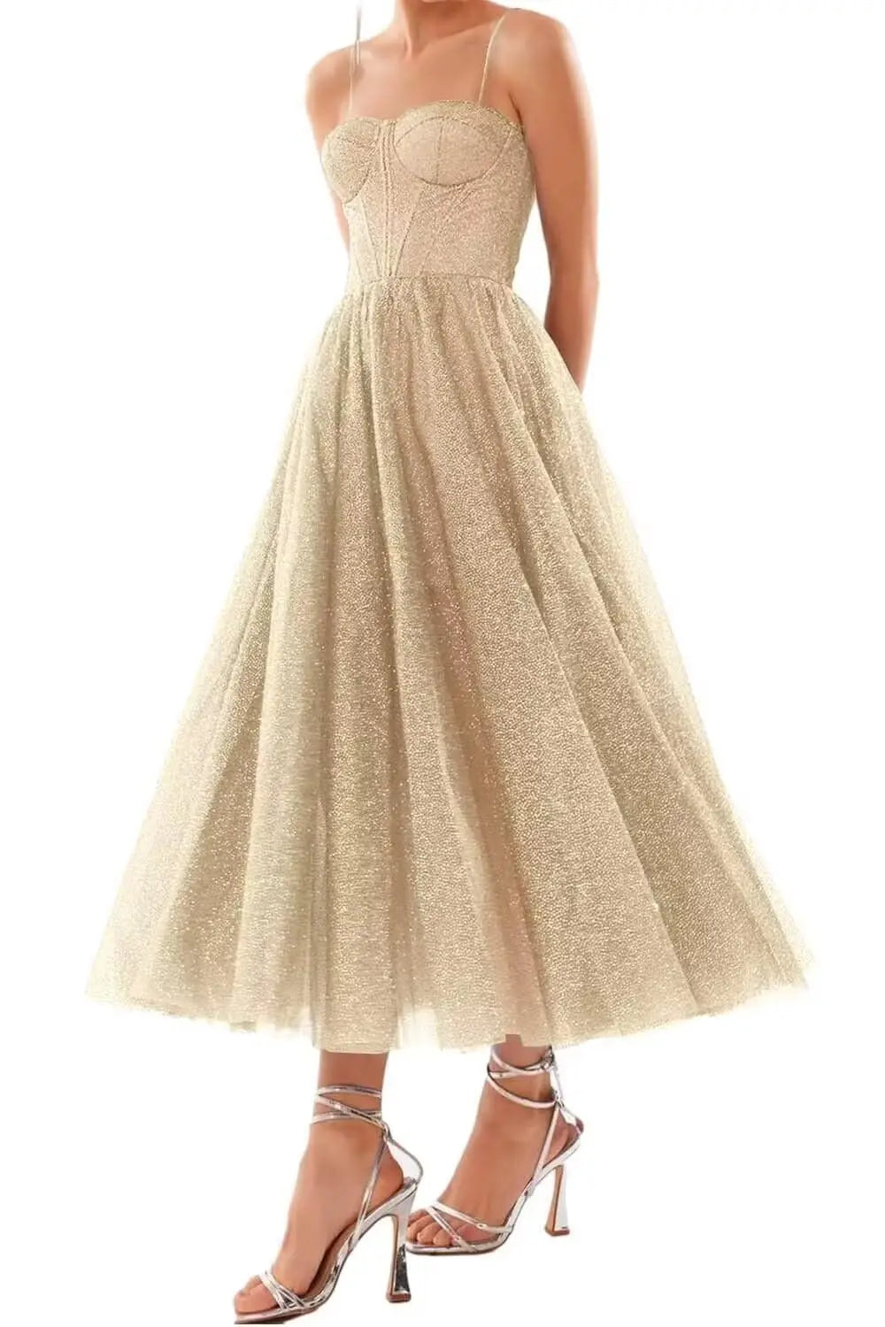 A Line Glitter Tea Length Formal Evening Cocktail Party Dresses for Women, Sequined Spaghetti Midi Corset Prom Gowns Cocktail